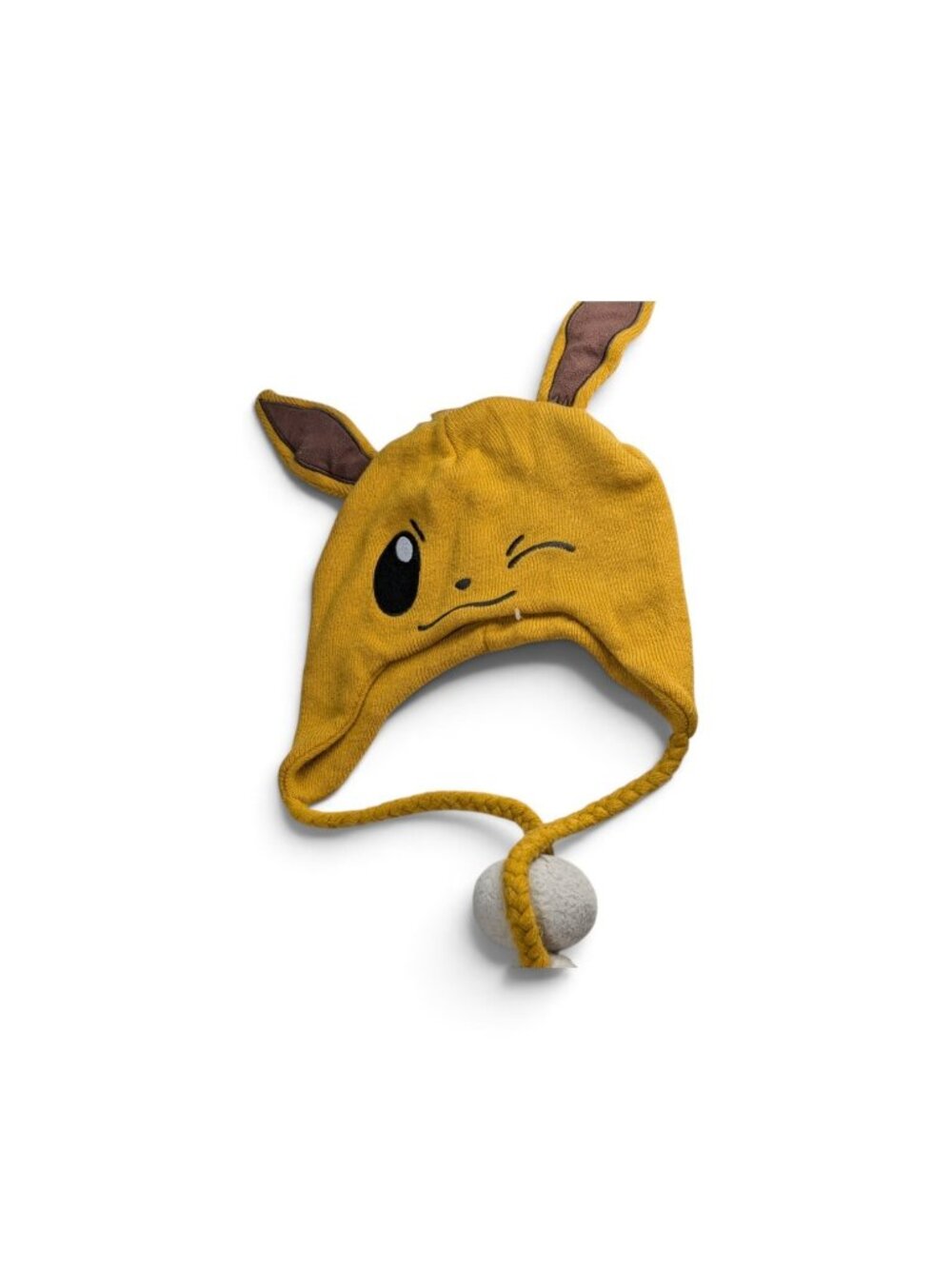 Pokémon Eevee Brown Padded Knit Character Hat with Pom Poms, Ears & Winking Face
